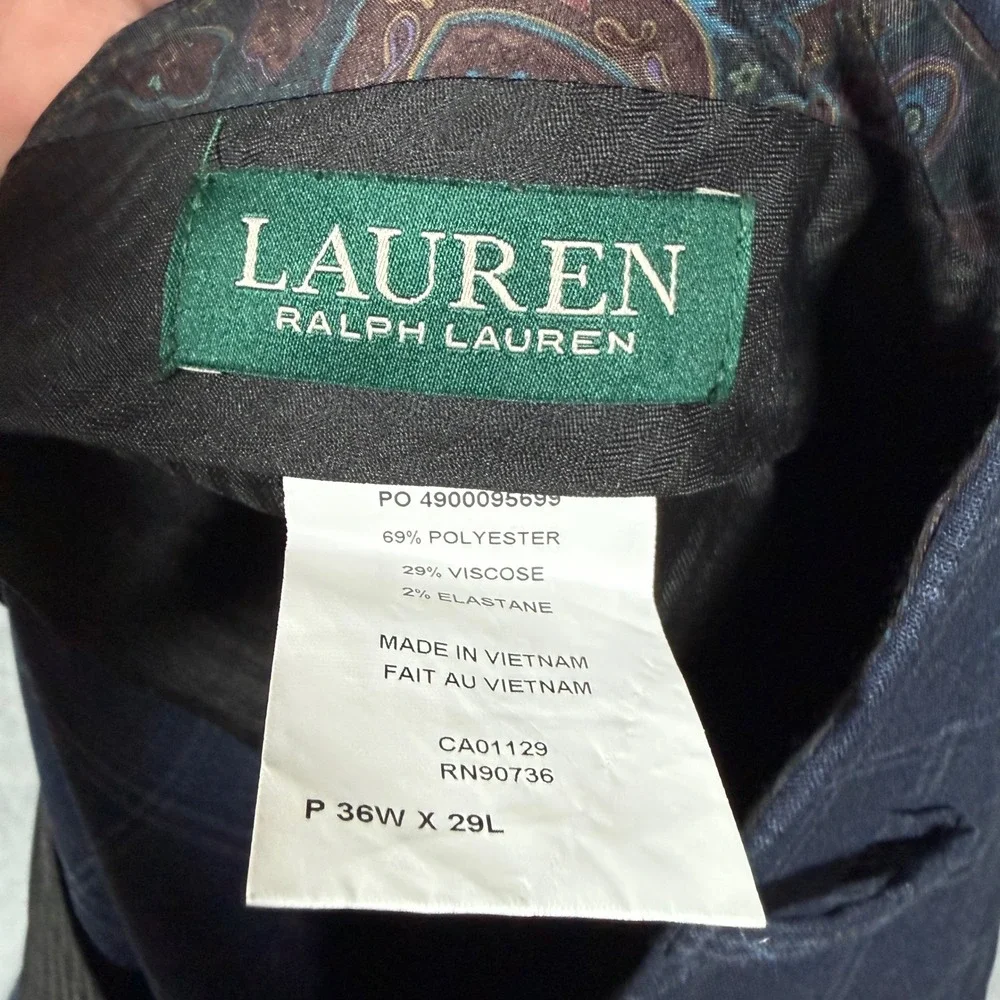 Lauren Ralph Lauren Mens Navy Blue Windowpane Plaid Dress Pants 36x29 Fits 36x27